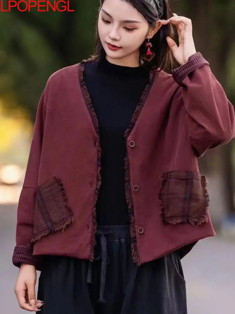 Ethnic Style Autumn New Artistic Versatile V-neck Long Sleeve Color-blocking Jacket New Women's Cardigan Single Breasted Top