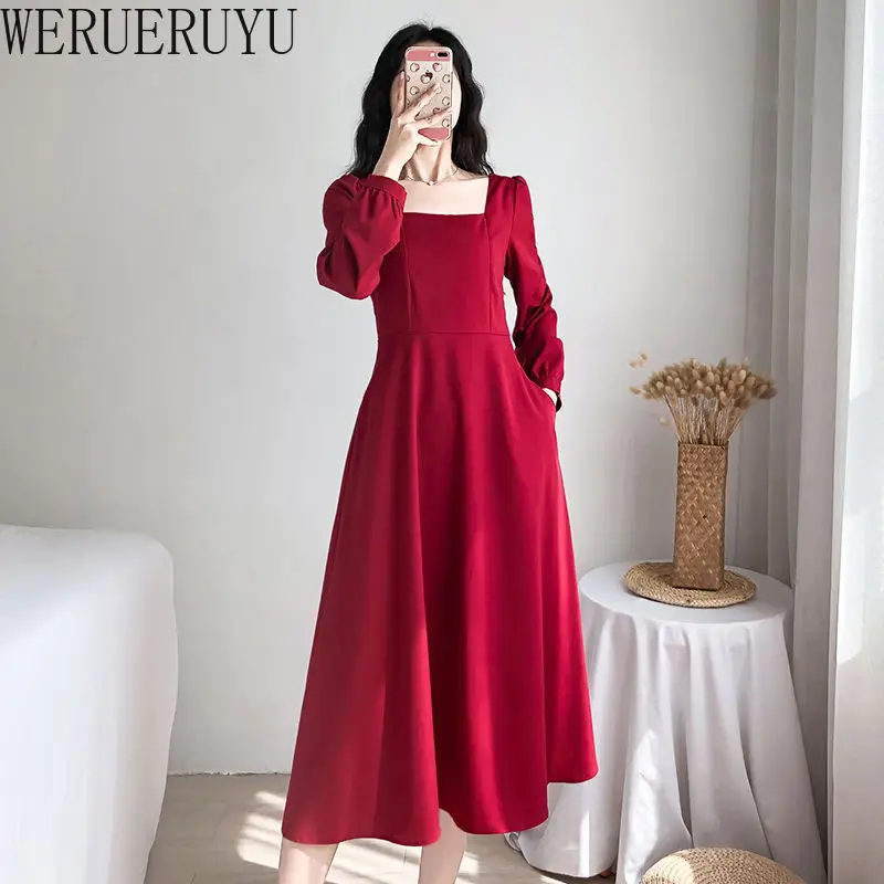 New Elegant Evening Long Dress Woman Clothing Autumn Winter Casual Square Collar Long Sleeve A-line Party Dresses for Women 2024