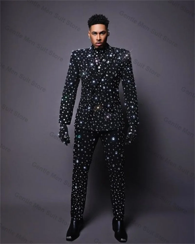 Luxury Crystals Men Suits Set 2 Piece Blazer+Pants Red Carpet Prom Groom Wedding Tuxedo Coat Custom Made Jacket Trousers