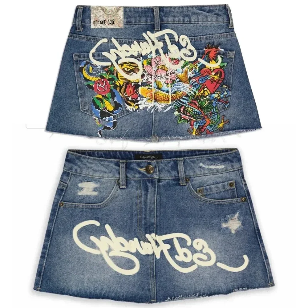 Spódnica Retro Harajuku Y2k Gothic Letter Print Blue Denim Skirt Women High Waist Slim Mini Skirt Casual Sexy A Line Hip Skirts