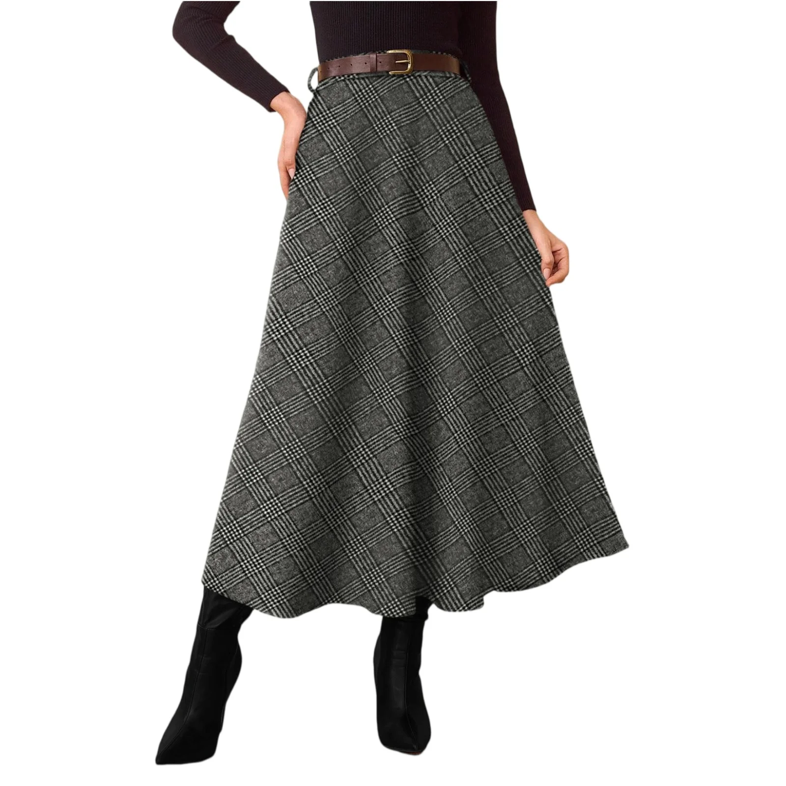 Women Flared Vintage High Waist A Line Tartan Skirts with Pockets Plaid Skirts Fall Winter Fashion Casual Long Skirt Faldas