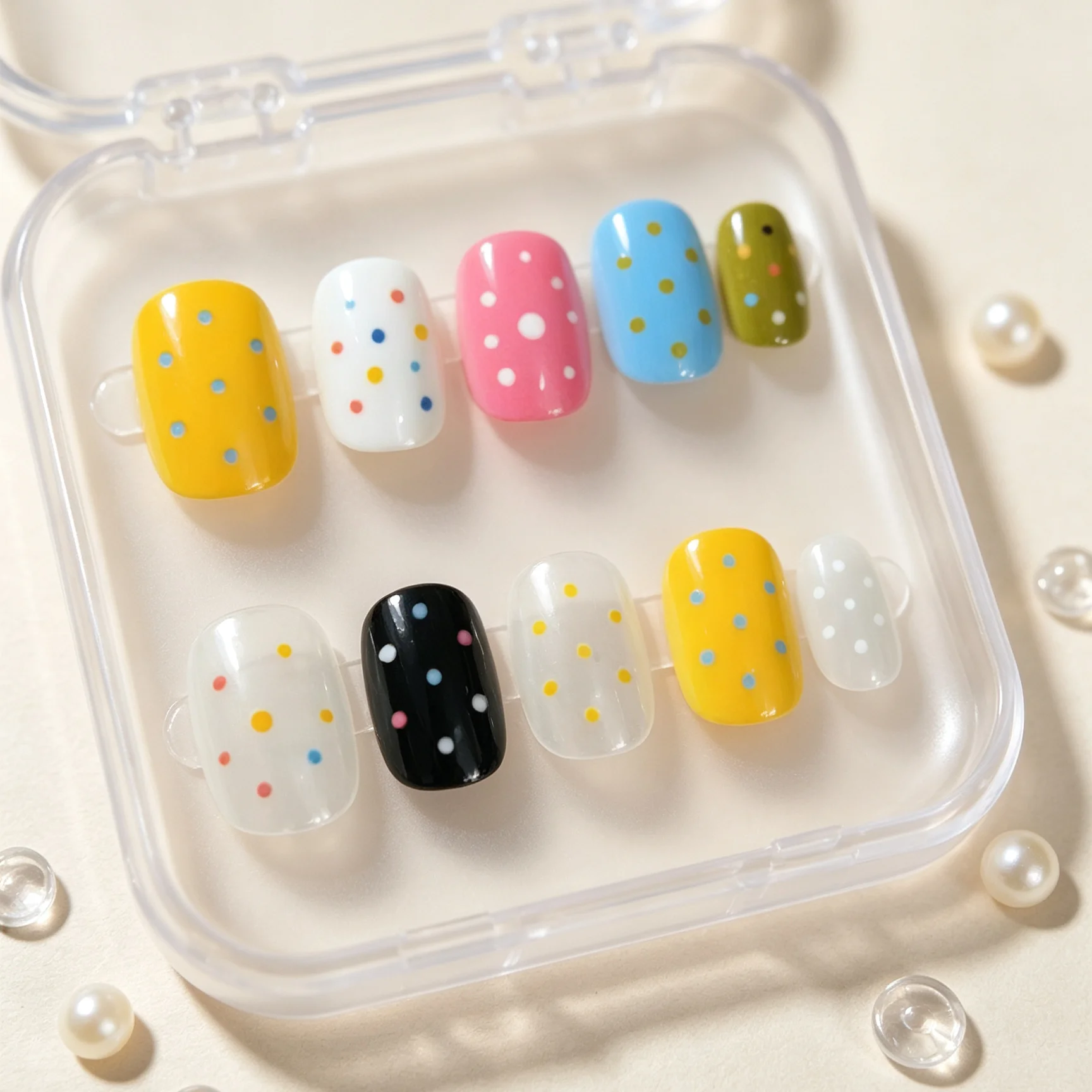 10 Hand Pressed Short Round Nails, Beautiful Fake Nails, Macaron Colored Polka Dots, Suitable for Women to Use