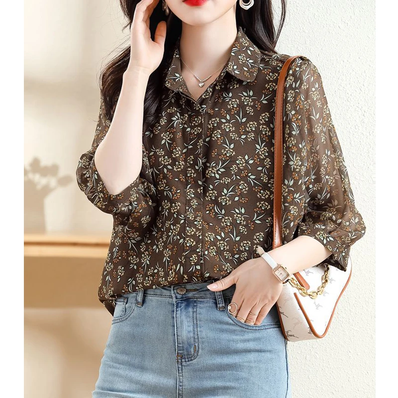 Women\'s Vintage Floral Print Button Shirt Spring Summer Fashion Turn Down Collar 3/4 Sleeve Blouse Chic Loose Casual Tops Blusas