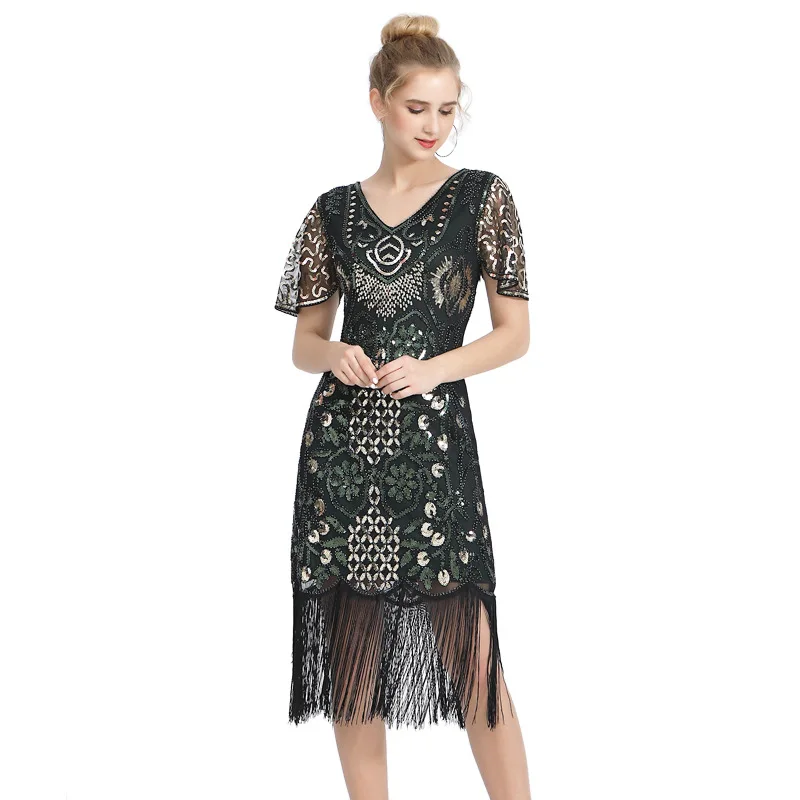 

Flapper Charleston Dance Dress 1920s Great Gatsby Vintage Fringed Sequin Beaded V-neck Dress Party Evening Dress