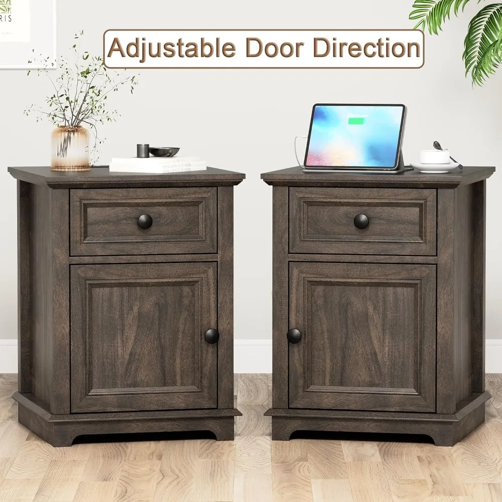 Tavolino da 24" con stazione di ricarica rapida, tavolino con cassetto, ripiano regolabile e ampio armadio portaoggetti, comodino vintage