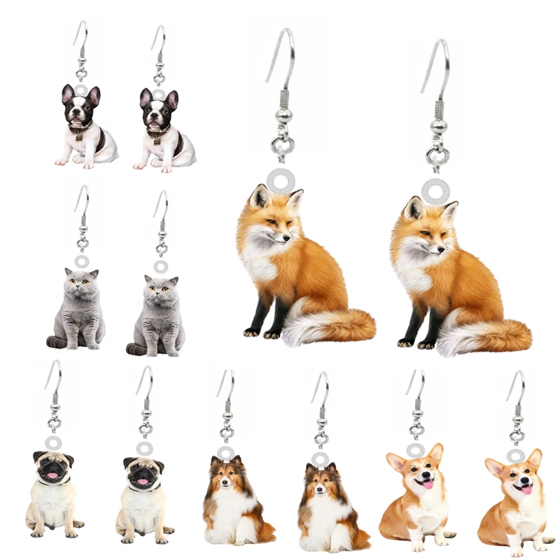 2024 Dog Cat Acrylic Earrings For Women Cute Kawaii Resin Double sided Printing Pets Border Collie Blue Cat Drop Earring Jewelry