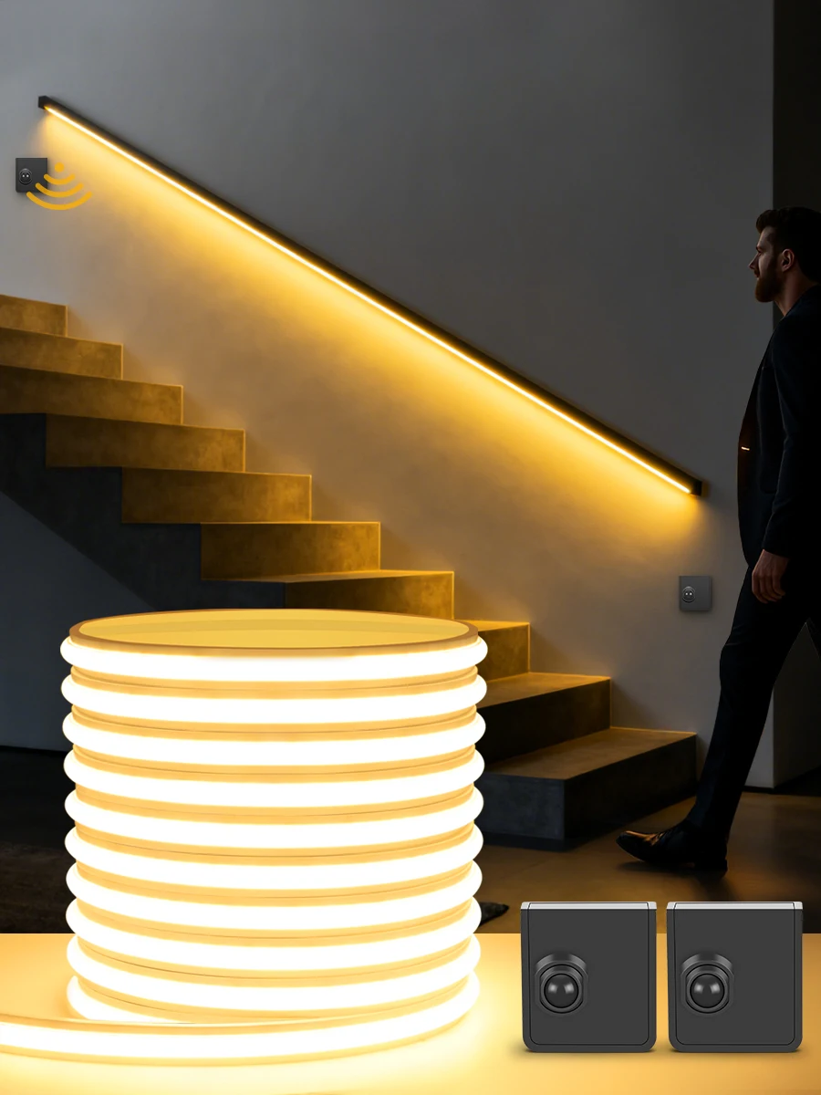 24 V kabelloser PlR-Bewegungssensor, COB-LED-Neonstreifen, Nachtlicht für Bett, Badezimmer, Treppe, Flur, Beleuchtung, 3/5/10 m, solides Silikonband