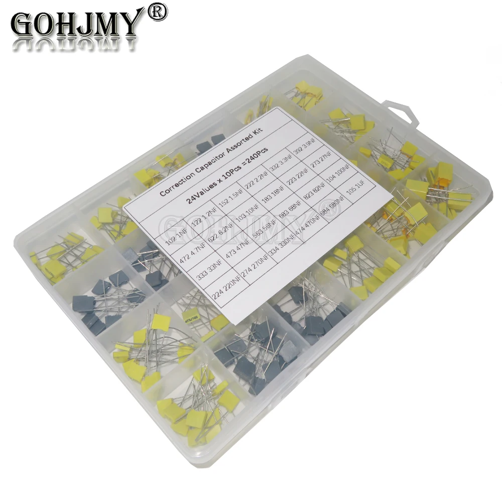

24 Values*10PCS Correction Capacitor Kit 63V-100V 102J-105J Polypropylene Safety Plastic Film Capacitors 240PCS