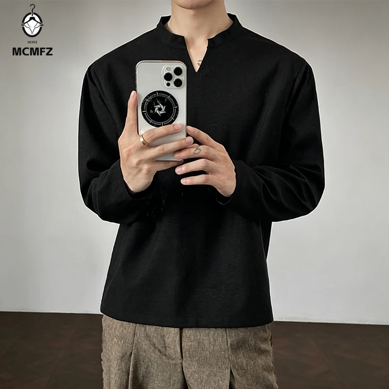 Mens Casual Linen Texture Top Long Sleeve Stand Collar With V Notch Simple Style Soft Woven Material