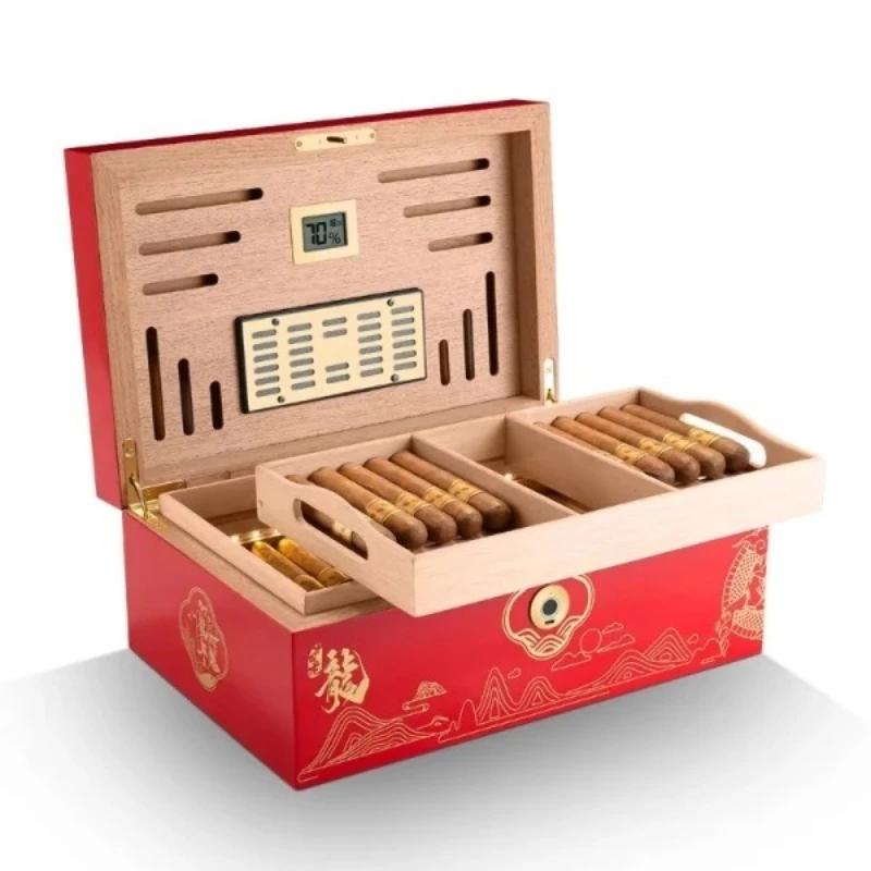 

High-end wooden cigar humidifier, cedar wood, Chinese red gold dragon pattern, with fingerprint lock and hygrometer
