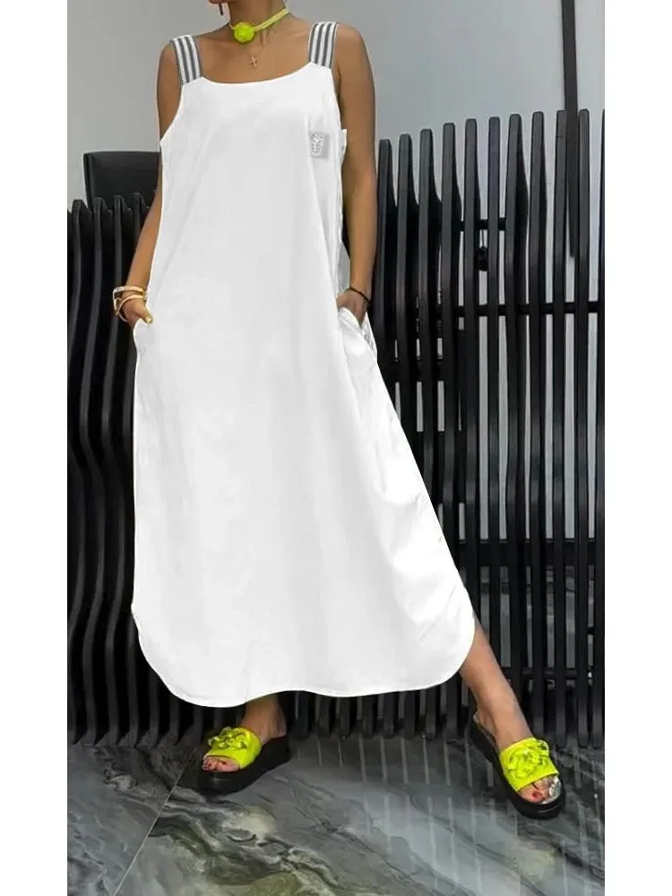 

Women's Casual Cotton Linen White Pocket Dresses Summer Striped Suspender Fashionable Sleeveless Round Neck Loose Beach Dress