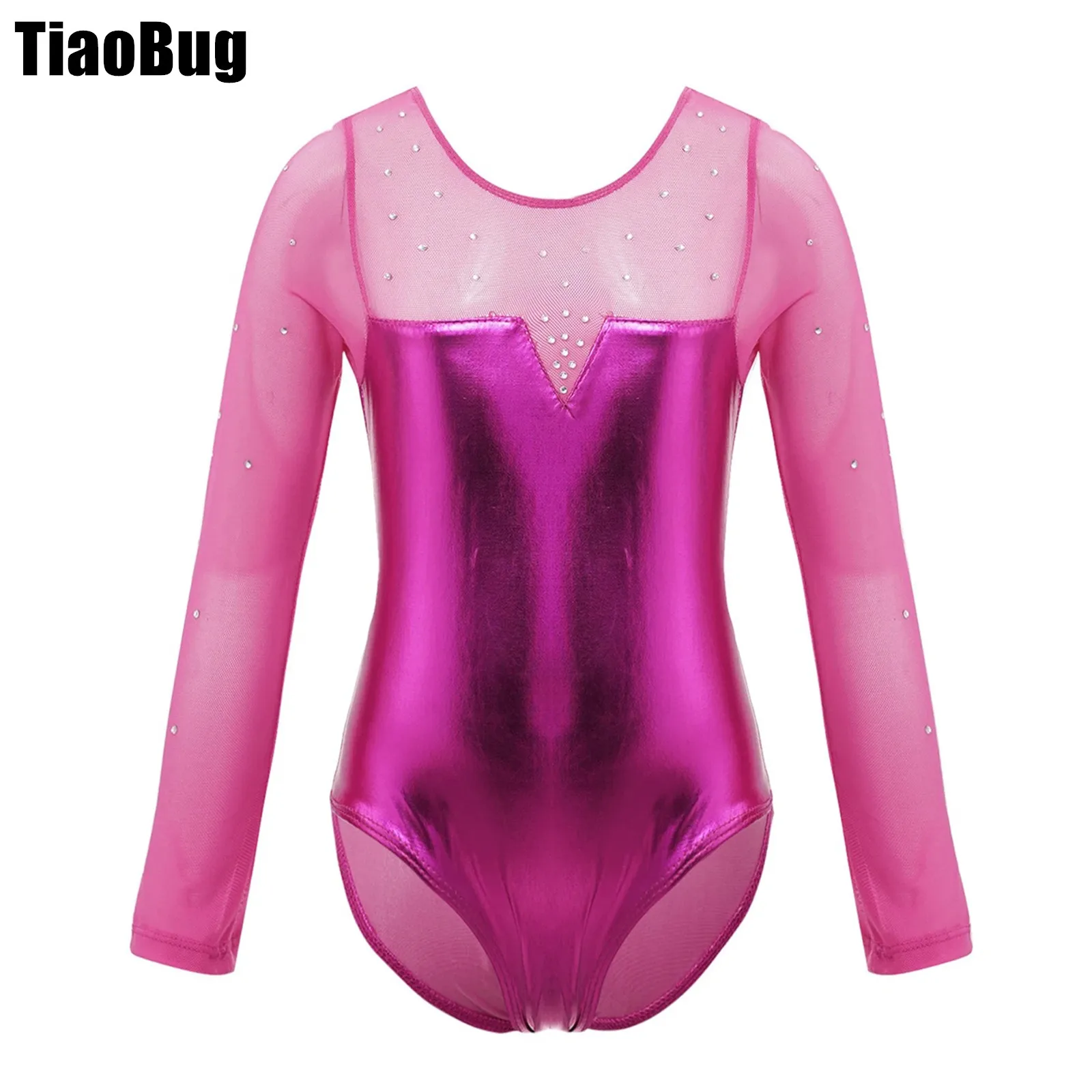 

Kids Girls Tulle Dance Leotard One-Piece Long Sleeve Sparkly Rhinestone Metallic Ballet Gymnastics Jumpsuit