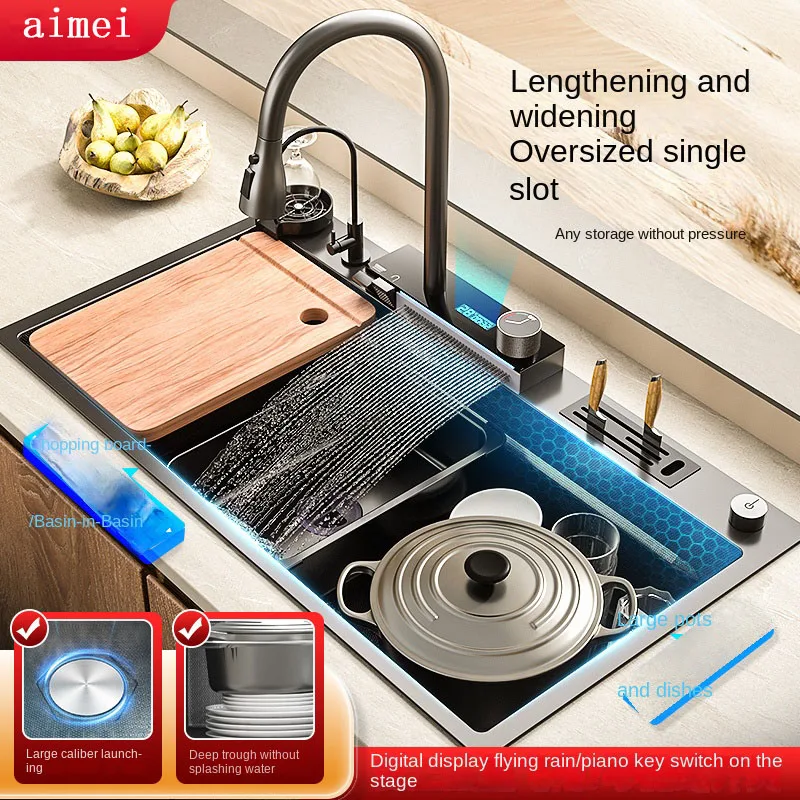 Big Single Honeycomb Stainless Steel Waterfall Kitchen Sink Large Slot Digital Display Faucet Set Multifunctional Wash Basin