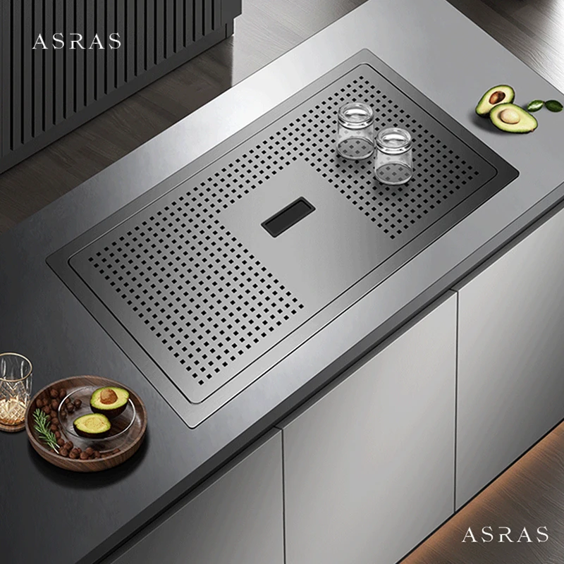 Asras Nanometer Hidden Cover Cup Rinser kitchen Island Sinks 4mm Thickness Handmade Sinks With Lifting Faucet