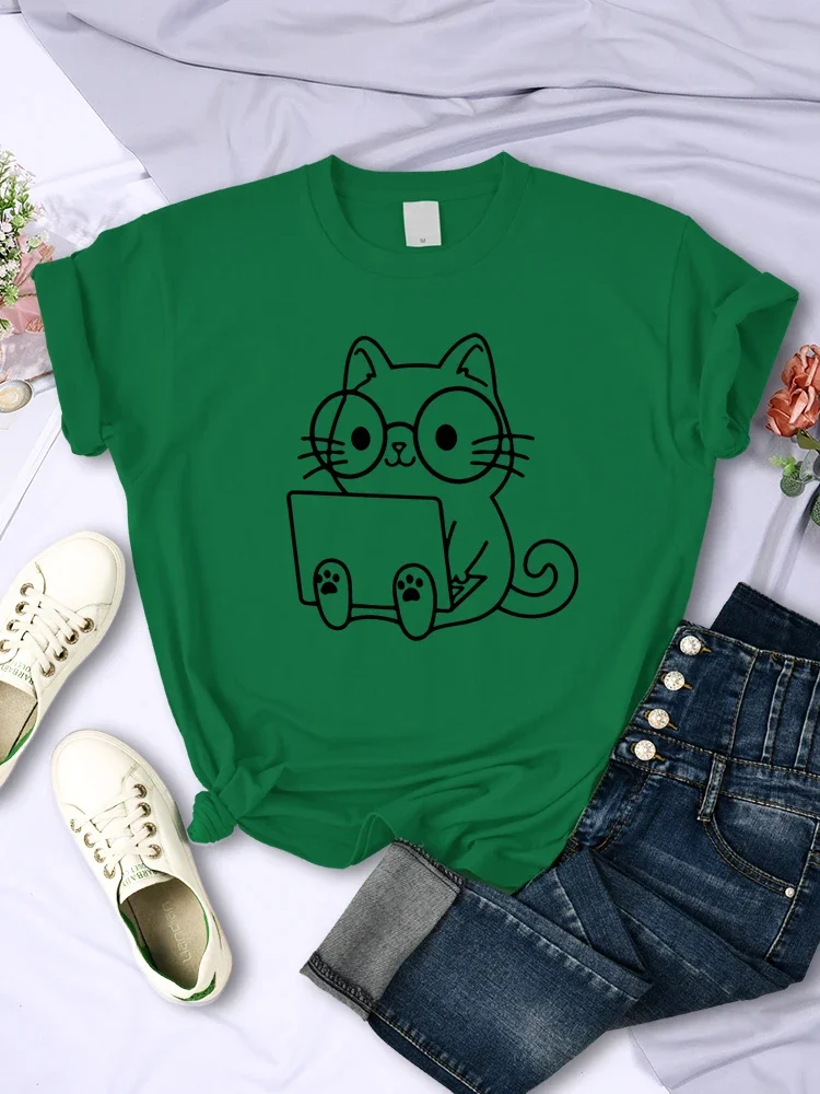 Work Cat Sketches pattern Women T-Shirt Personality Trend Casual Tee Clothing Street Creative Tops Female Short Sleeve