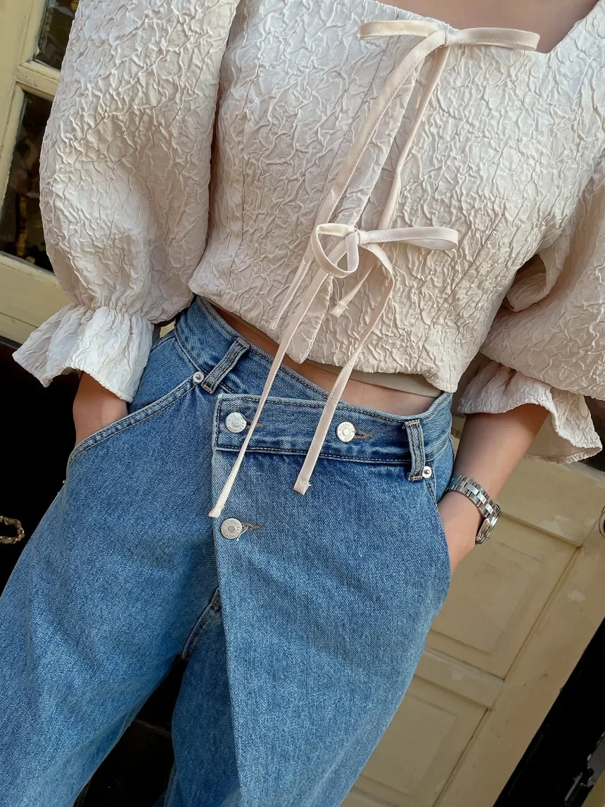 High Waist Jeans Woman Irregular Diagonal Buckle Baggy Jeans Korean Chic Spring Wide Leg Jeans Trousers Women