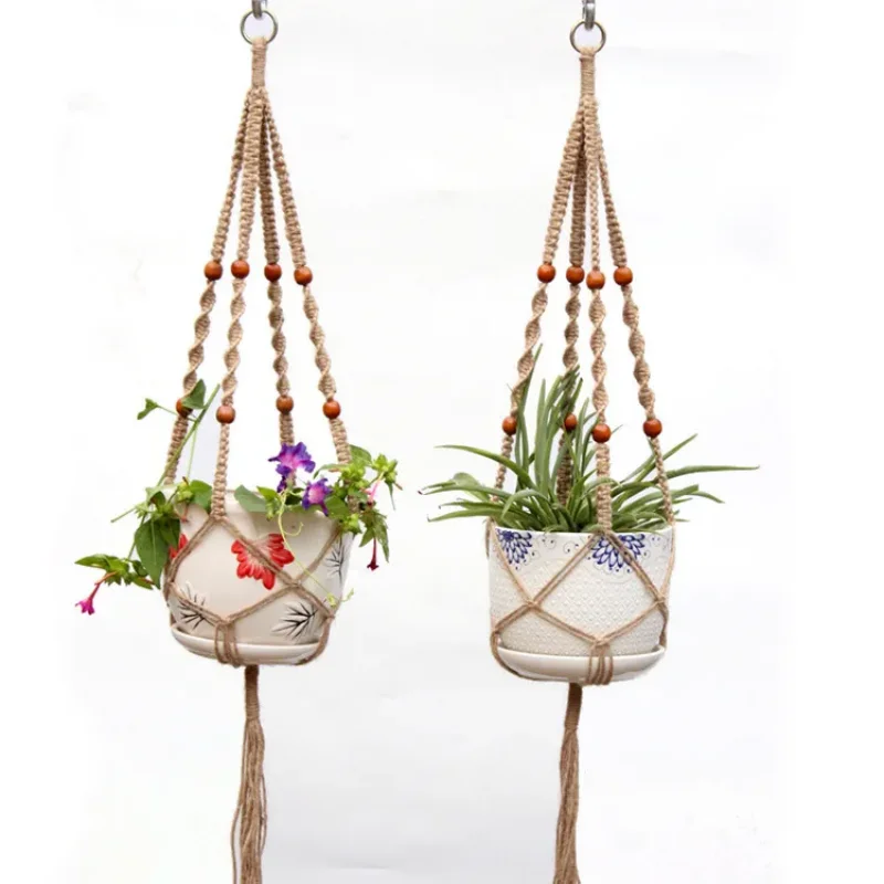 Flower Pot Hemp Rope Hanging Net Straw Macrame Plant Hanger Flower Pot Garden Holder Legs Hanging Rope Basket Balcony Decor