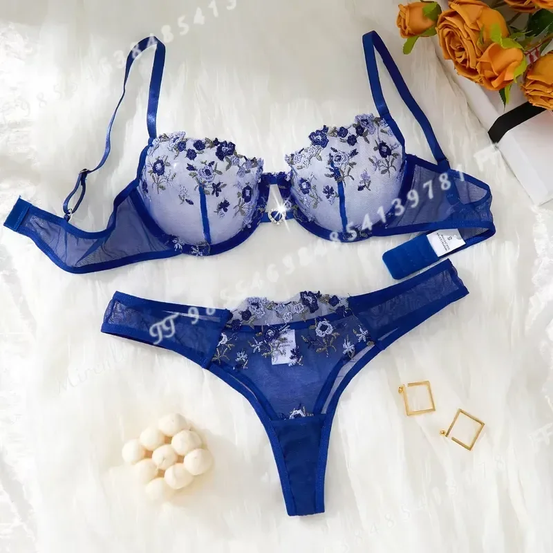 Women Royal Blue Floral Embroidery Lingerie Set Half Cup Push Up Bra Thong Sheer Mesh Lace Comfortable Sexy Underwire