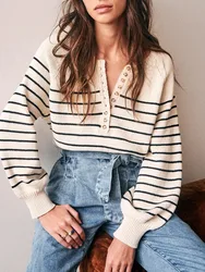 Classic Stripes Women's Sweater Single Breasted Long Puff Sleeve 2024 Early Autumn Ladies O-Neck Pullover Top