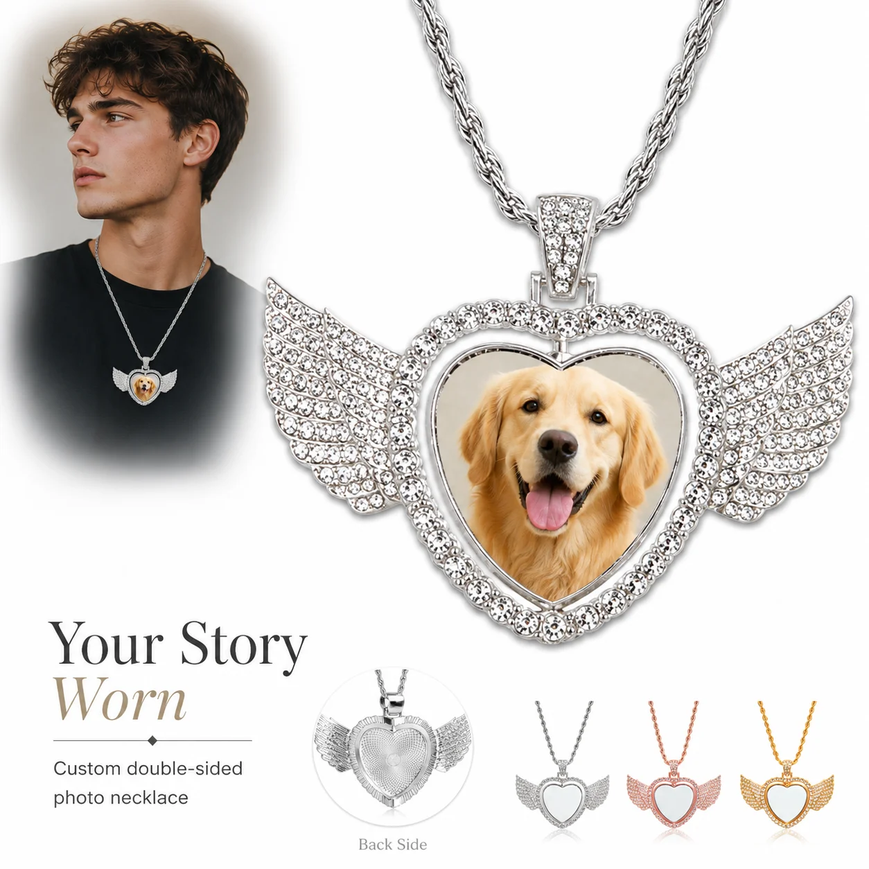 Custom 2-Sided Angel Wing Heart Photo Necklace, Personalized Gift