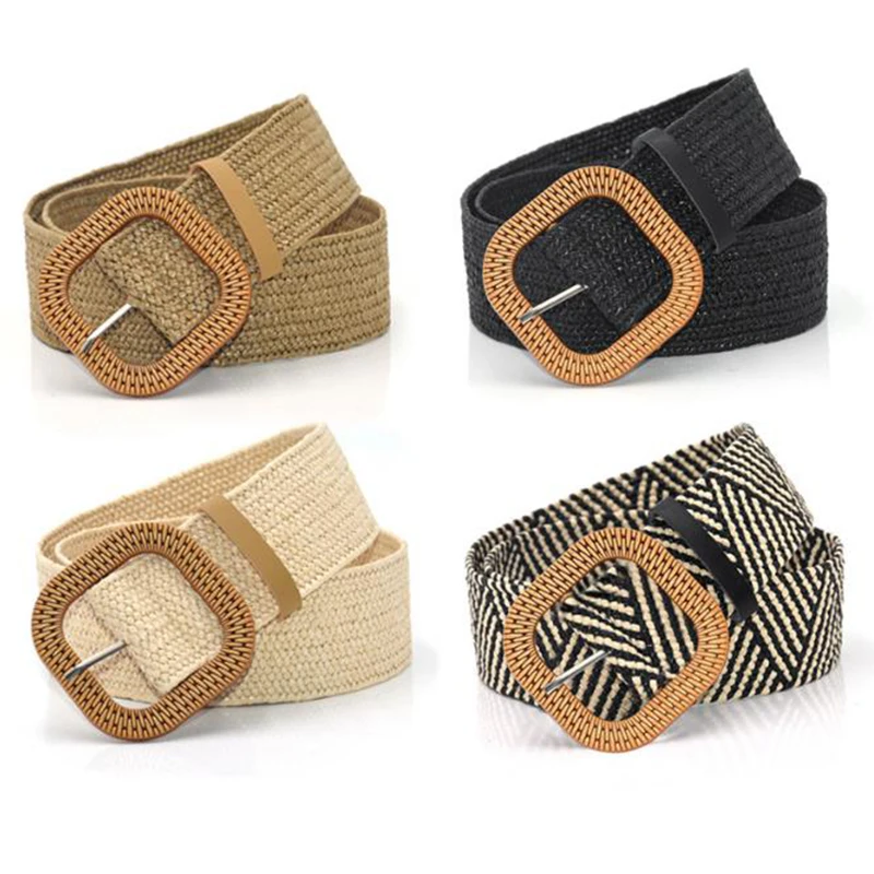 Women Braided Elastic Belt Round Square Wooden Buckle Vintage Bohe Straw Buckle Belt Summer Women Knitted Belt Dress Belt