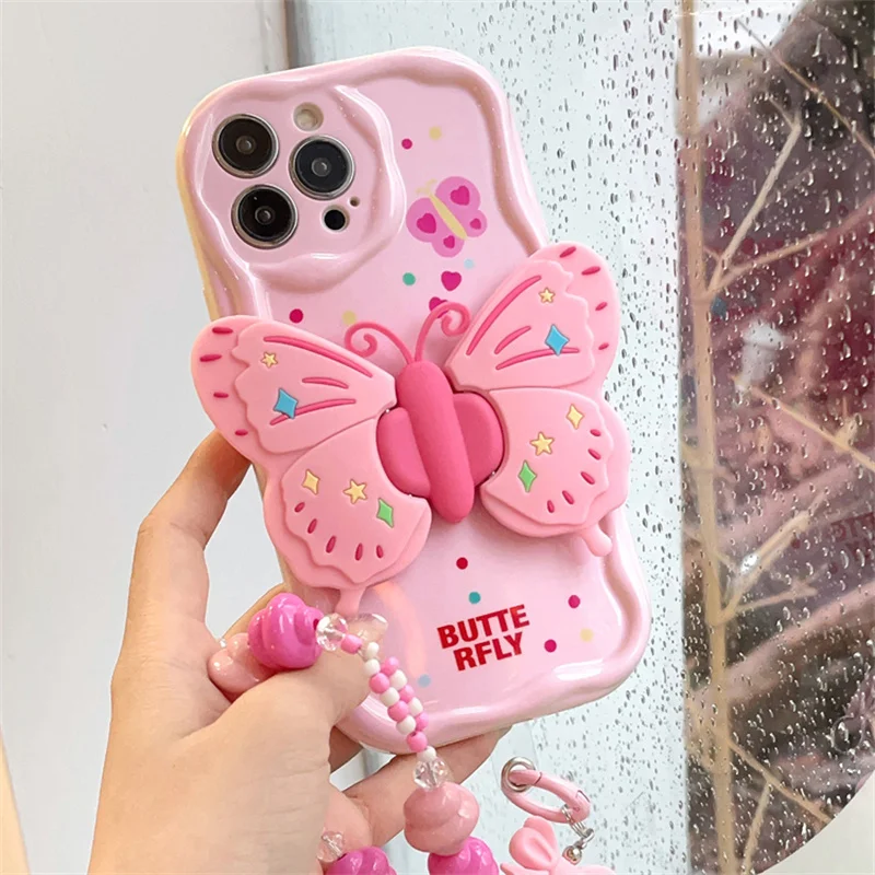 Butterfly Holder Phone Case For Samsung Galaxy S23 S22 Ultra S21 S20 FE A25 A23 A34 A54 A23 A33 A53 A73 Hang Chain Lanyard Cover