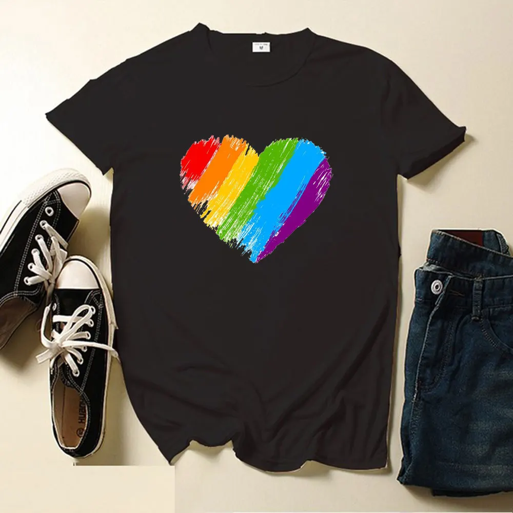 Rainbow Heart Print TShirt LGBT Pride Month TShirts Lesbian Gay Bisexual Transgender Queer Y2k Tops Tee Harajuku Graphic Tshirt