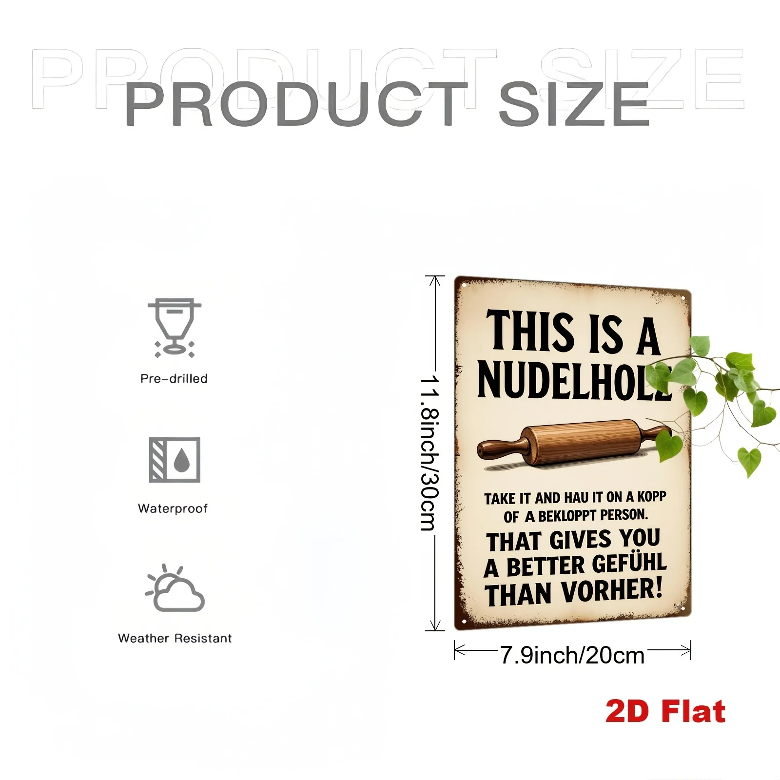 2D Flat - 1pc Vintage German Humor Nudelholz Roll Metal Sign with Noodle Log & German Phrase - Funny Kitchen Wall Art Suitable f