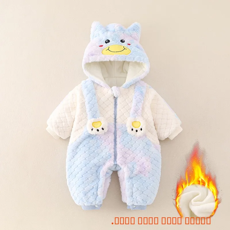 

Thiened Winter Overalls for Newborn Babies Warm Fce Lined Hooded Jumpsuit Trendy Cartoon Design High Waist Long Pants Co...