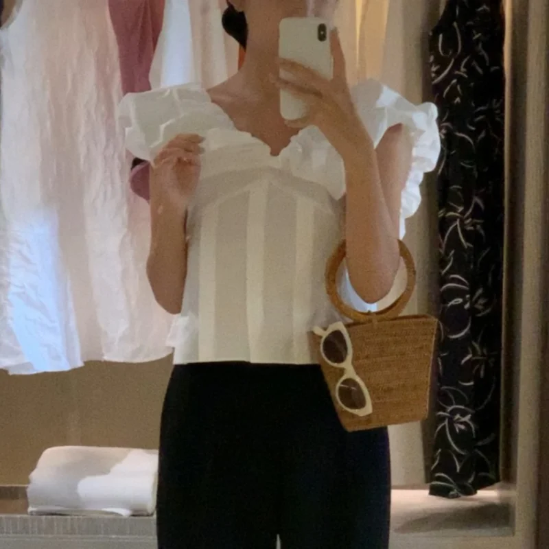 

Sweet Style Dongda Gate Women's Shirt V-neck Pleated Fly Sleeve Vest Two-Way Wear Cotton Short Sleeve Casual Pure Color
