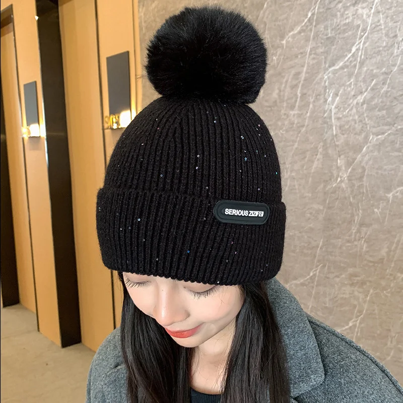 

Beanies For Woman Winter Knitted Warm Pompom Hats Girls Cashmere Embroidery Bonnets Lady's Outdoor Thick Skullies Cap Femme