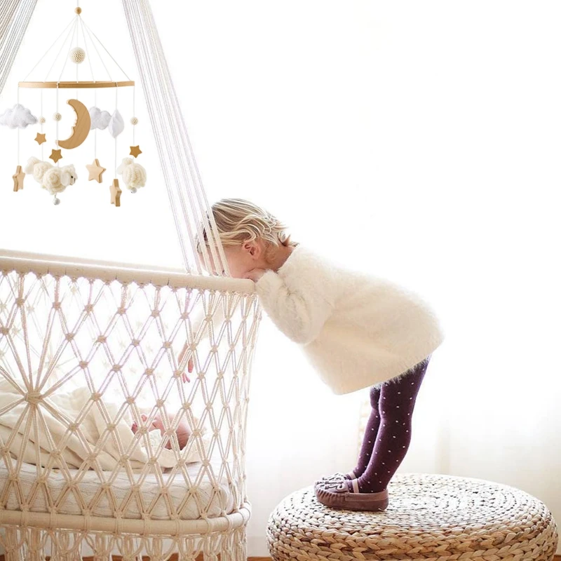 Chocalho de brinquedo para bebês de 0 a 12 meses, caixa de música móvel de madeira de feltro para recém-nascidos, sino de cama de crochê, suporte de brinquedos pendurados, brinquedo de berço infantil