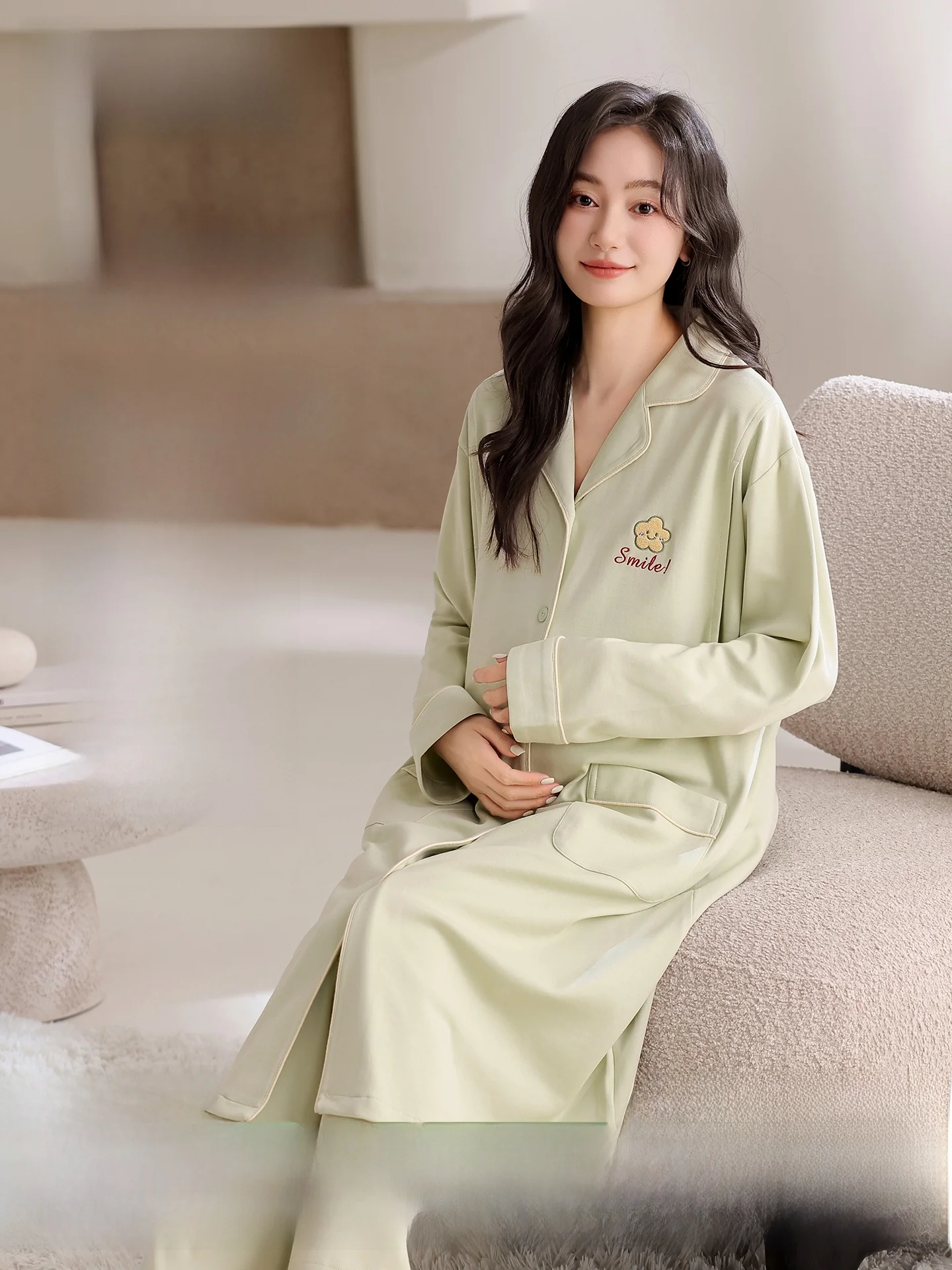 pure-cotton-postpartum-home-clothes-set-sweat-absorbing-nursing-sleep-skirt-air-conditioned-home-wear-comfortable-long-sleeve