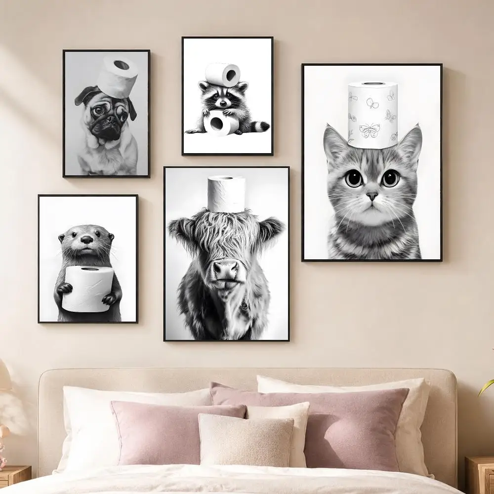 B-Black and White Cute Animal and Toilet Paper Poster Vintage PP Paper Wall Art Home Decor Print for Bedroom Living Room