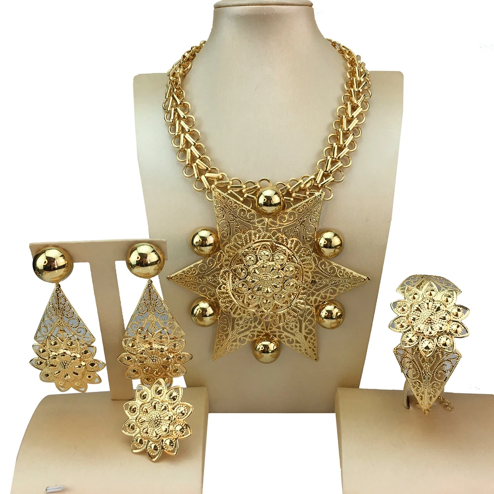 New Fashion Trendy Women Jewelry Set Brazilian Gold-Plated African Wedding Bridal Big Flower Pendant Necklace Gifts FHK18254