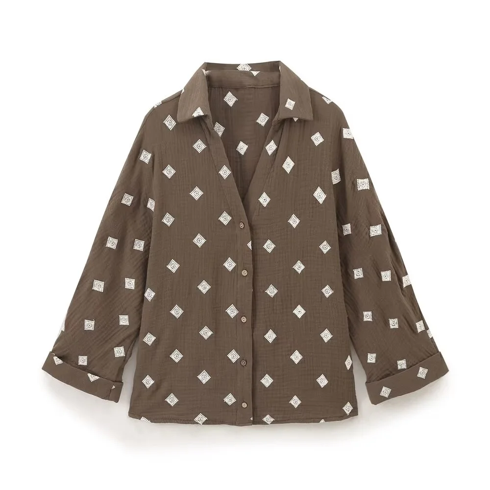 2024 Autumn Fashion New Women's Embroidered Casual Elegant Single breasted Design Shirt&Wide Leg Pants Set