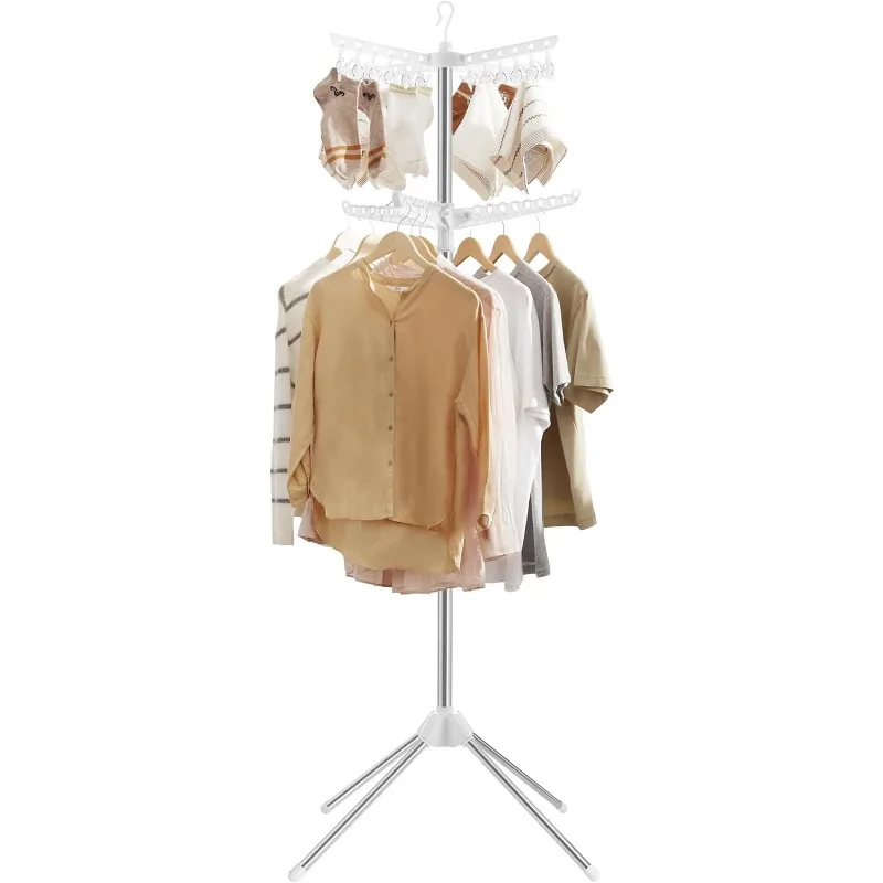 2-Tier Clothes Drying Rack, 72-Inch Folding Laundry Drying Rack with 3 Rotatable Arms for Hangers, 24 Clips