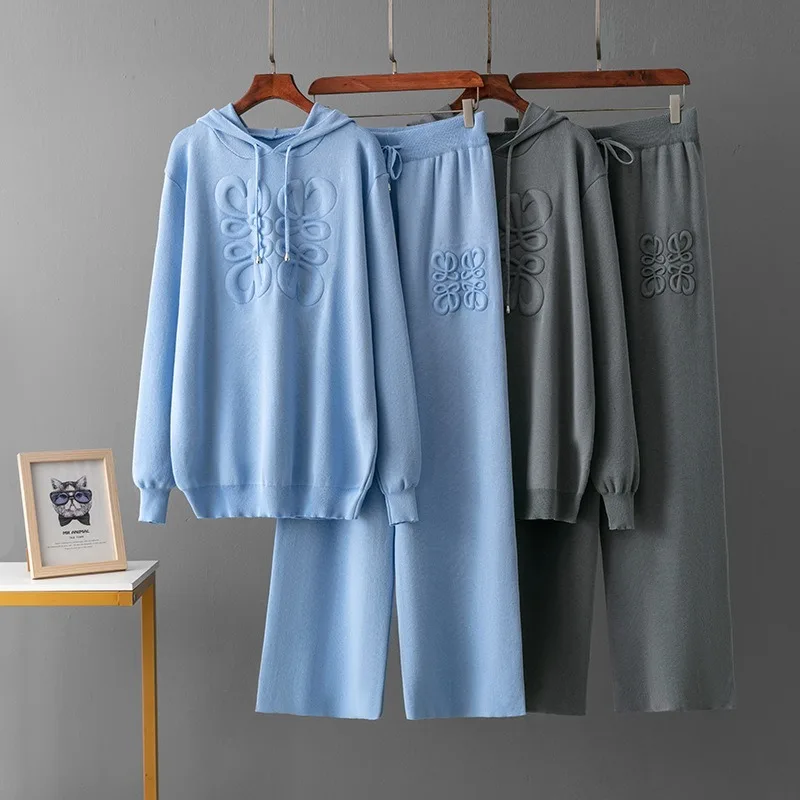 European Niche Knitted Suit Blue Embroidered Casual Two-piece Set Hooded Woolen Top Casual Pants