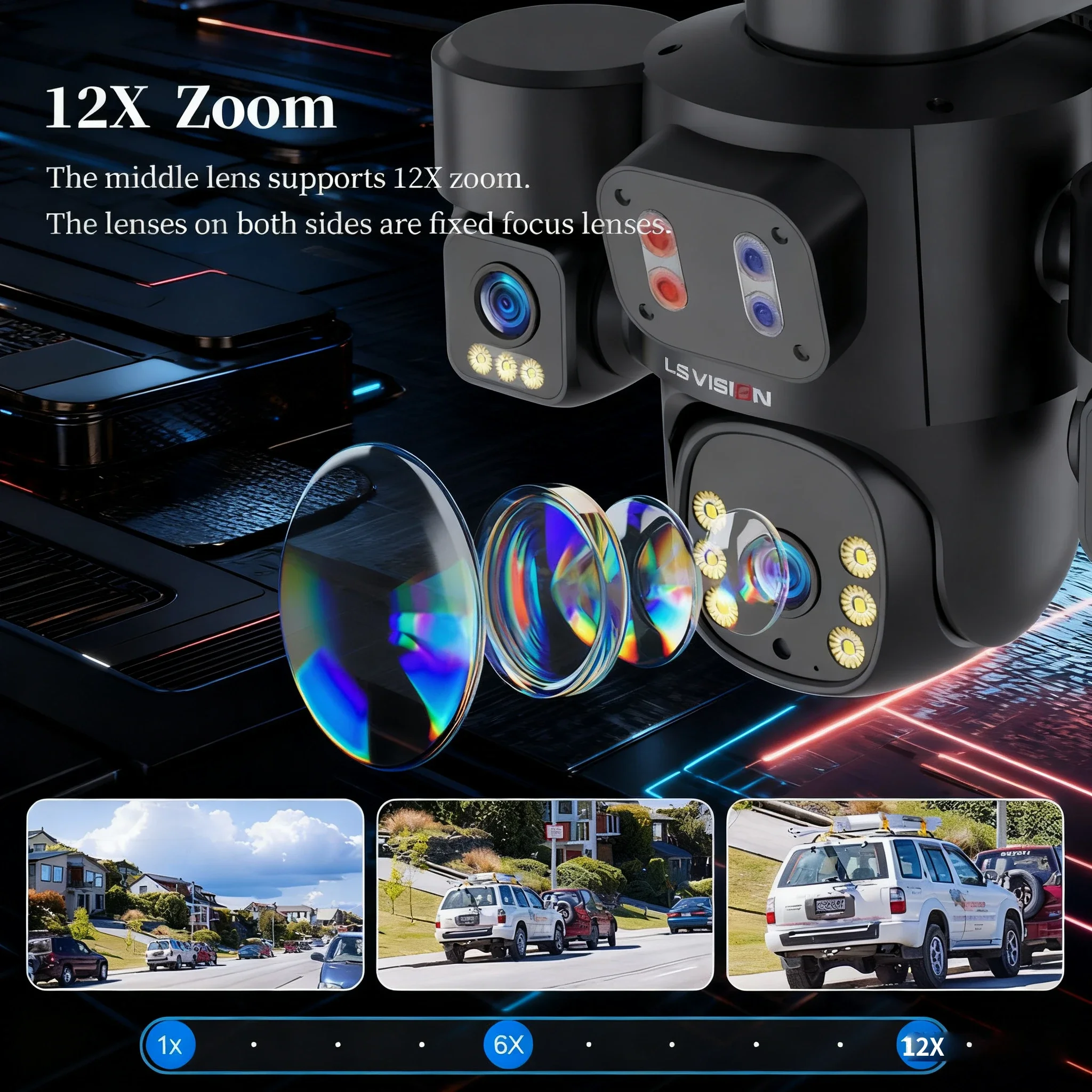 LS VISION 15MP AOV 24/7 Recording 4G Solar Camera 12X Optical Zoom Security Camera Outdoor Three Scree Auto Tracking CCTV HiEasy