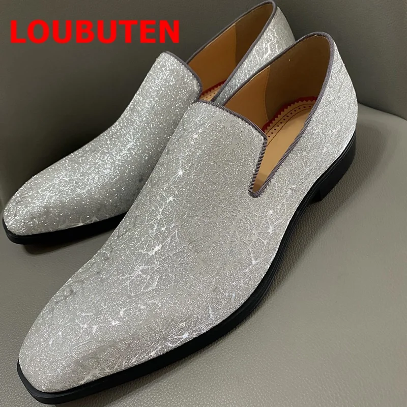 Silver Mens Sequins Shoes Bling Glitter Loafers Designer Slip On Men Dress Shoes Handcrafted Red Bottom Party Wedding Shoes