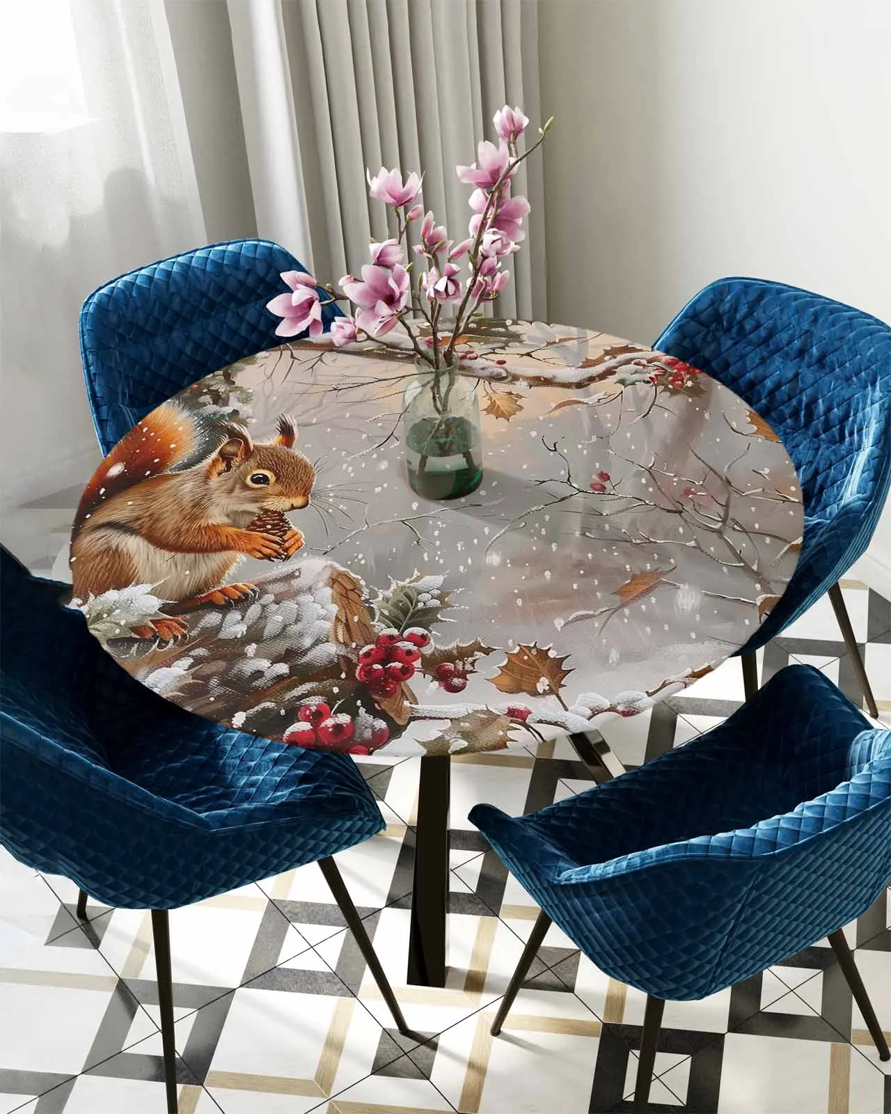 Christmas Winter Squirrels Round Elastic Edged Table Cover Protector Cloth Waterproof Fitted Tablecloth