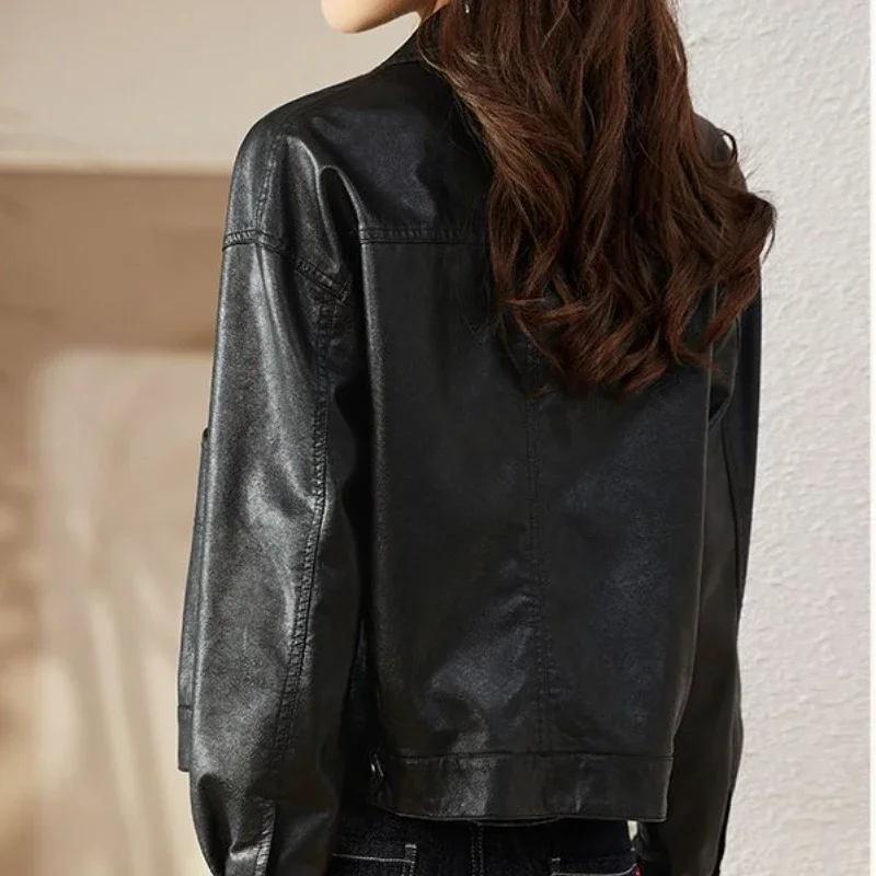 Vintage Pu Cropped Coat Women Fashion Single Breasted Faux Leather Jacket Cool Girl Luxury Pocket Black Streetwear Tops Y2k New