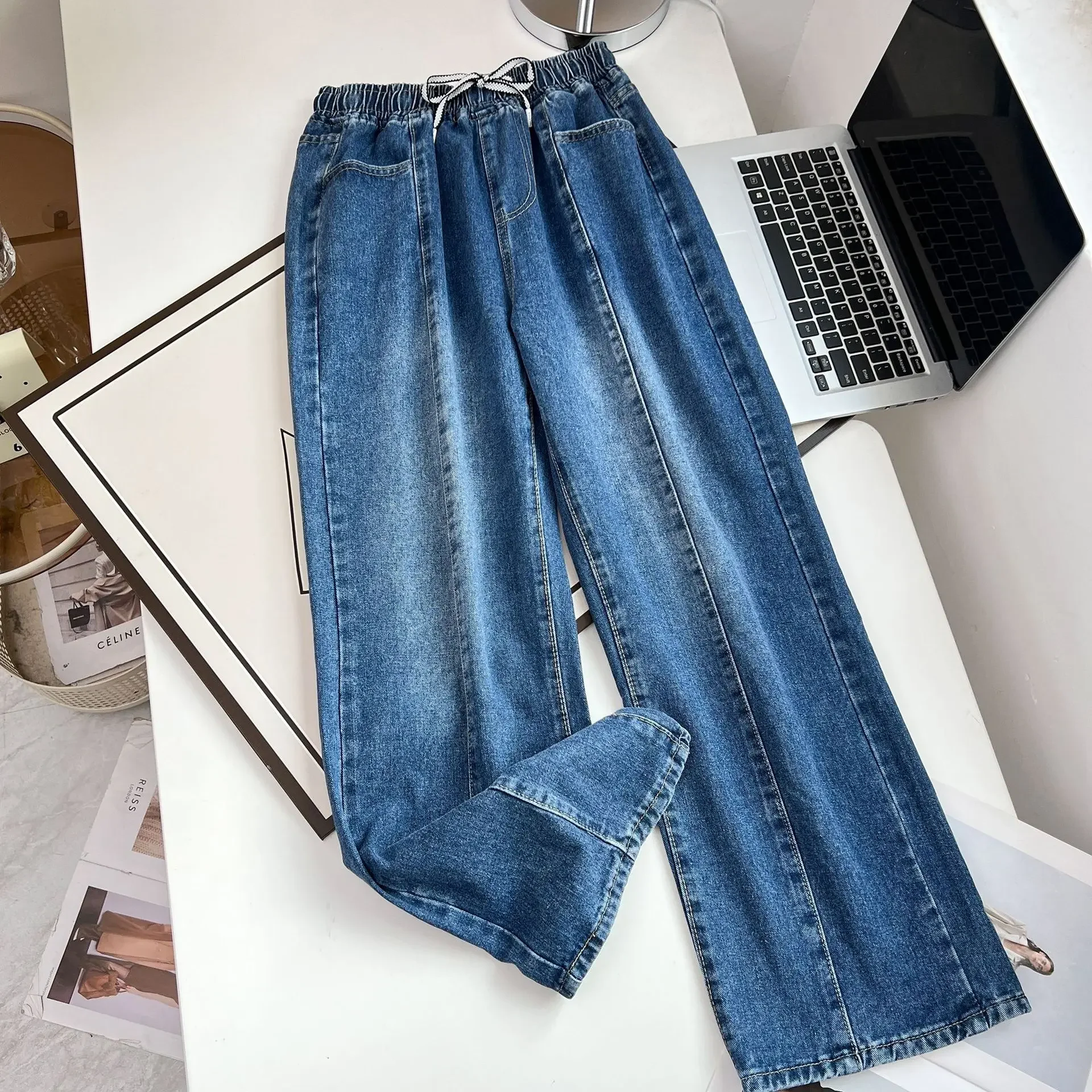 XL-6XL Large Size Baggy Jeans Women Blue High Waisted Jeans Wide Leg Boyfriend Jeans for Women Plush Denim Trousers