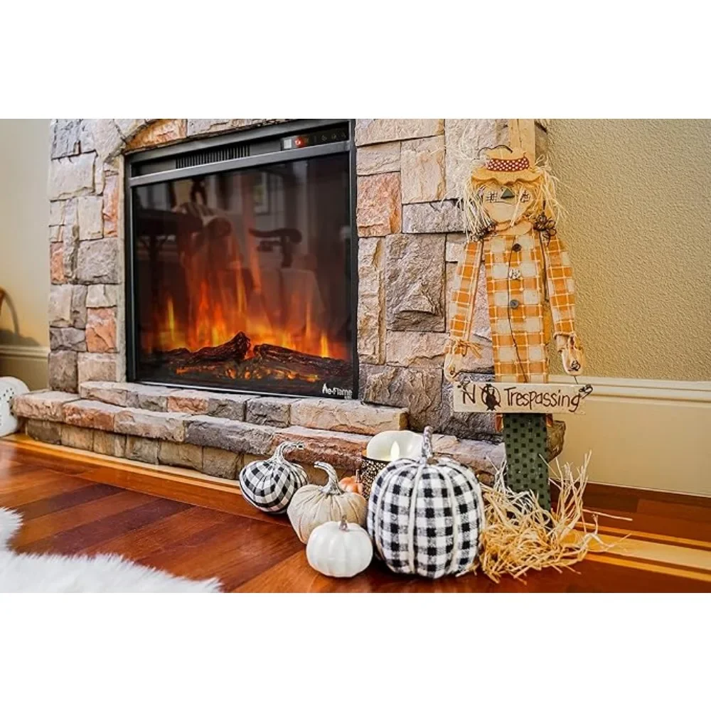 LED Electric Fireplace Stove with Imitation Wood and Stone Wall Frame - Remote Control -3D Wood and Fire