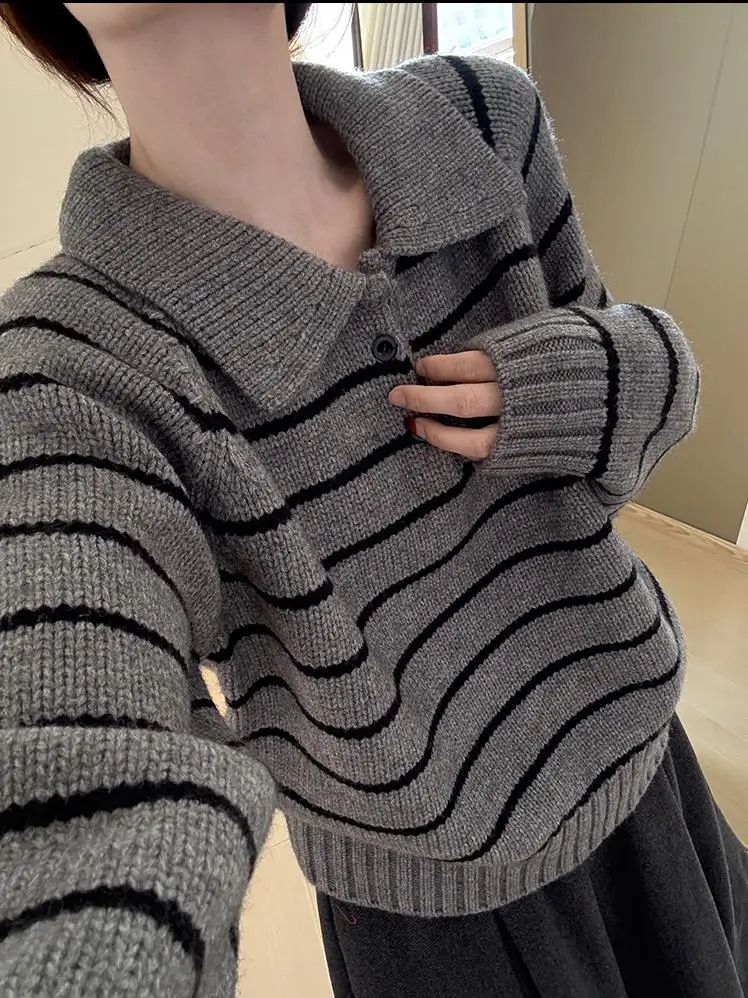 Ele vintage ne listrado camisola feminina solta ajuste outono novo sle emagrecimento topo quali malha longa sve camisola