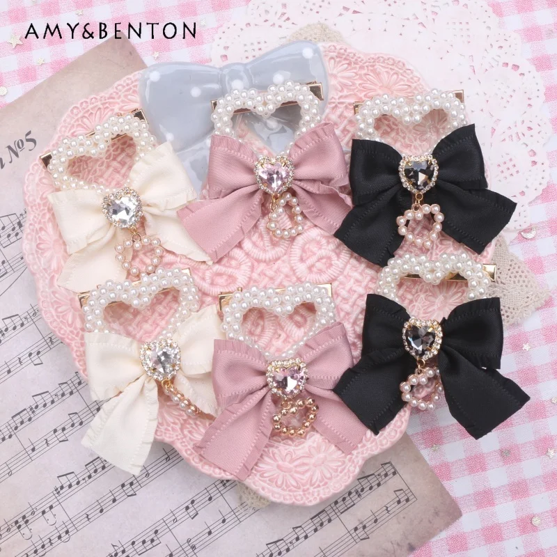 

Japanese Handmade Sweet Lotus Leaf Bow Rhinestone Hair Clip Cute Beaded Love Pearl Pendant Hair Bow Lolita Girl Hair Accessories