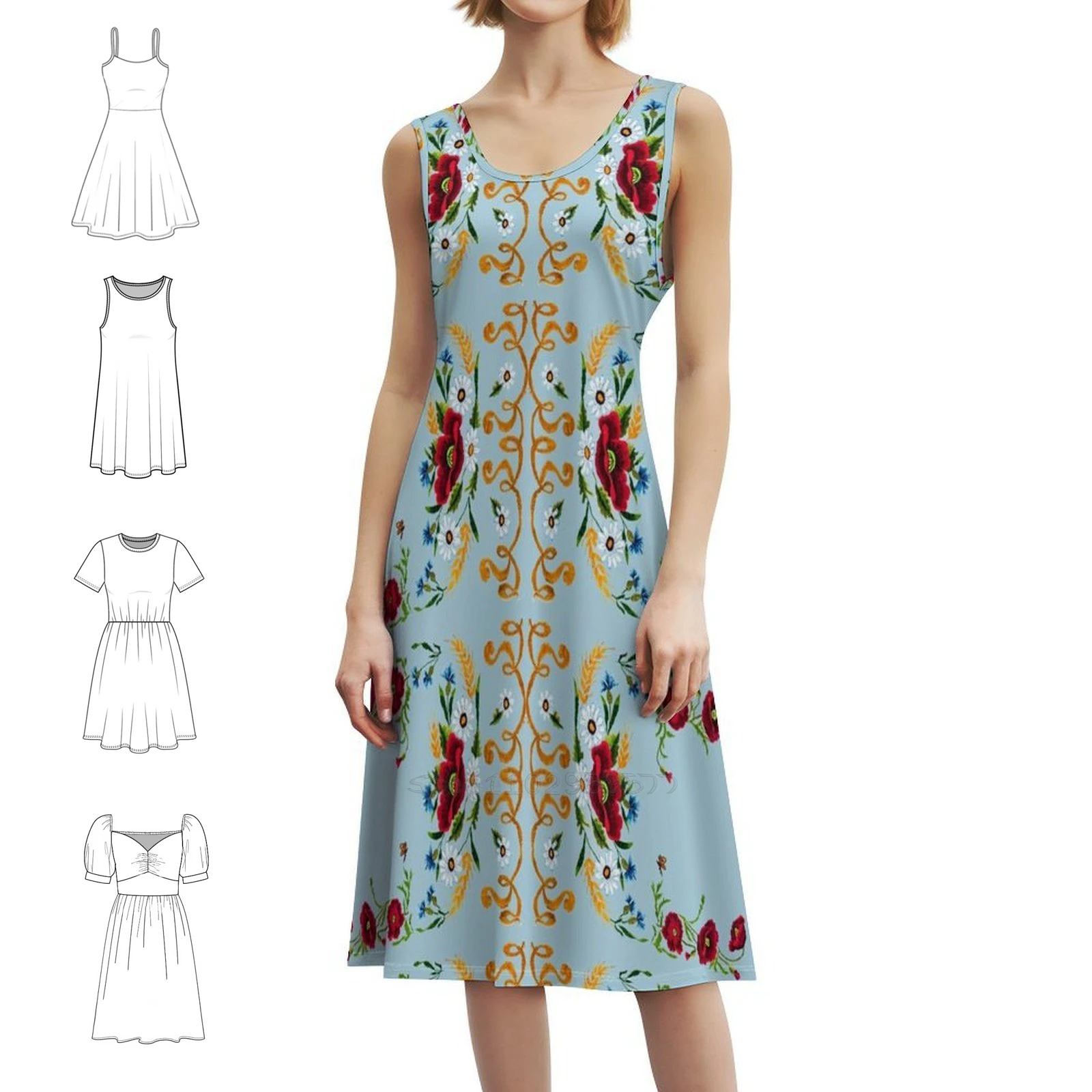 Poppy And Cornflower Embroidery Blue Sweetheart Neckline Dress Elegant Summer Party Dress For Women Embroidery Ukrainian Cross