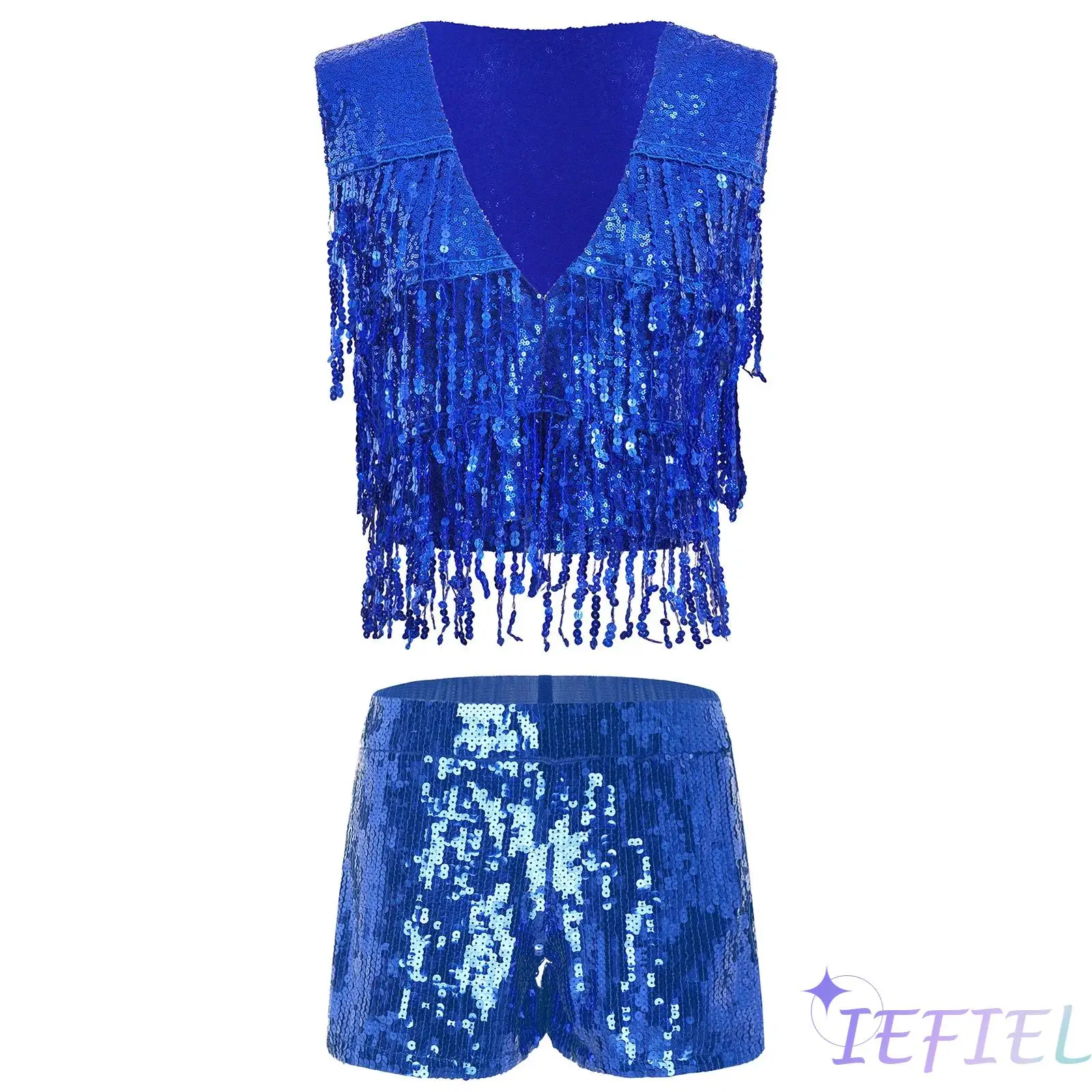 Women Jazz Dancing Set Rave Club Party Concert Music Festival Streed Cheerleading Dancewear Sequined Vest with Shorts Two Piece