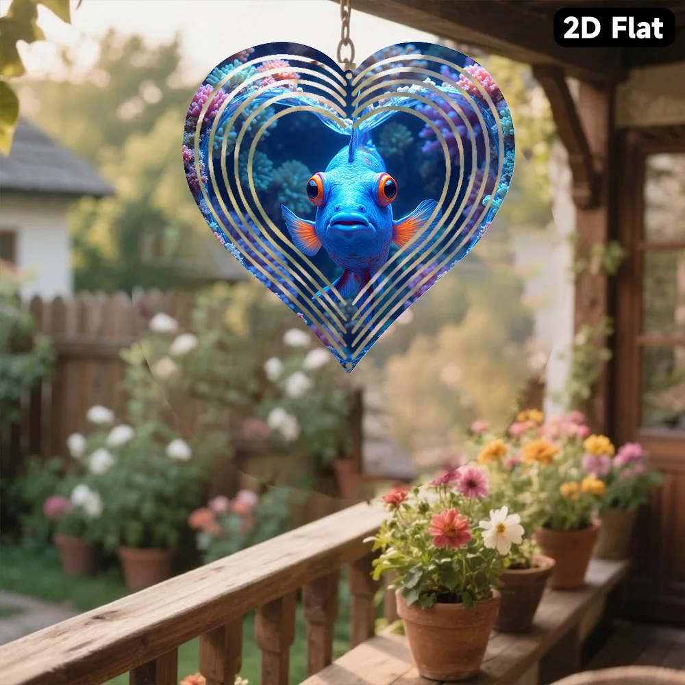 2D Flat, 1pc Bohemian Blue Mandarin Fish Wind Chime - Metal Marine Aquarium Ornament with Expressive-Eye Chime Bells
