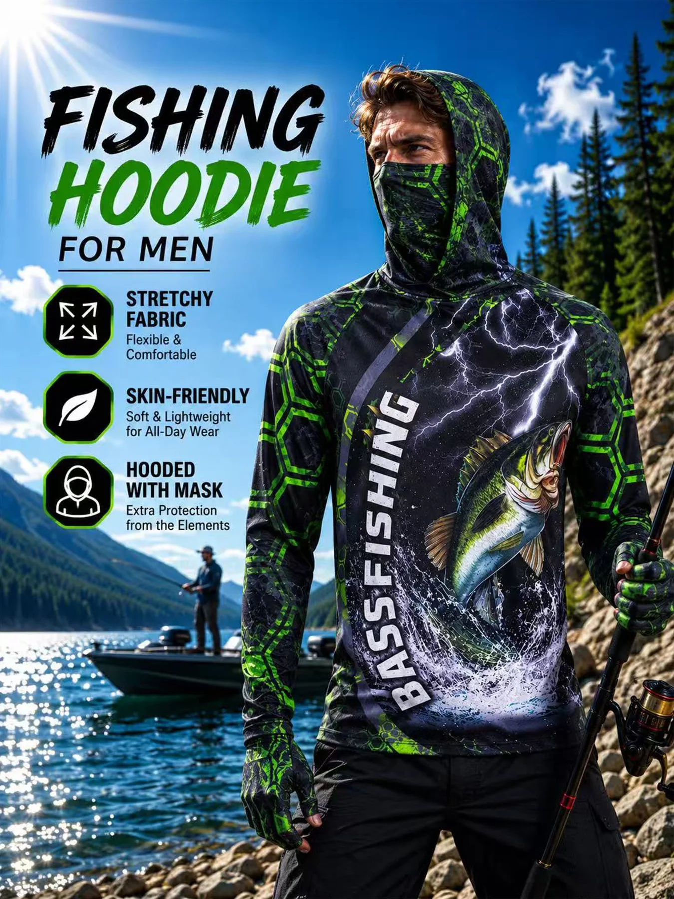 Outdoor Fishing Hoodie for Men UV Protection Face Mask Neck Gaiter Quick-Dry Breathable Anti-Mosquito Sun Shirt Hooded Top